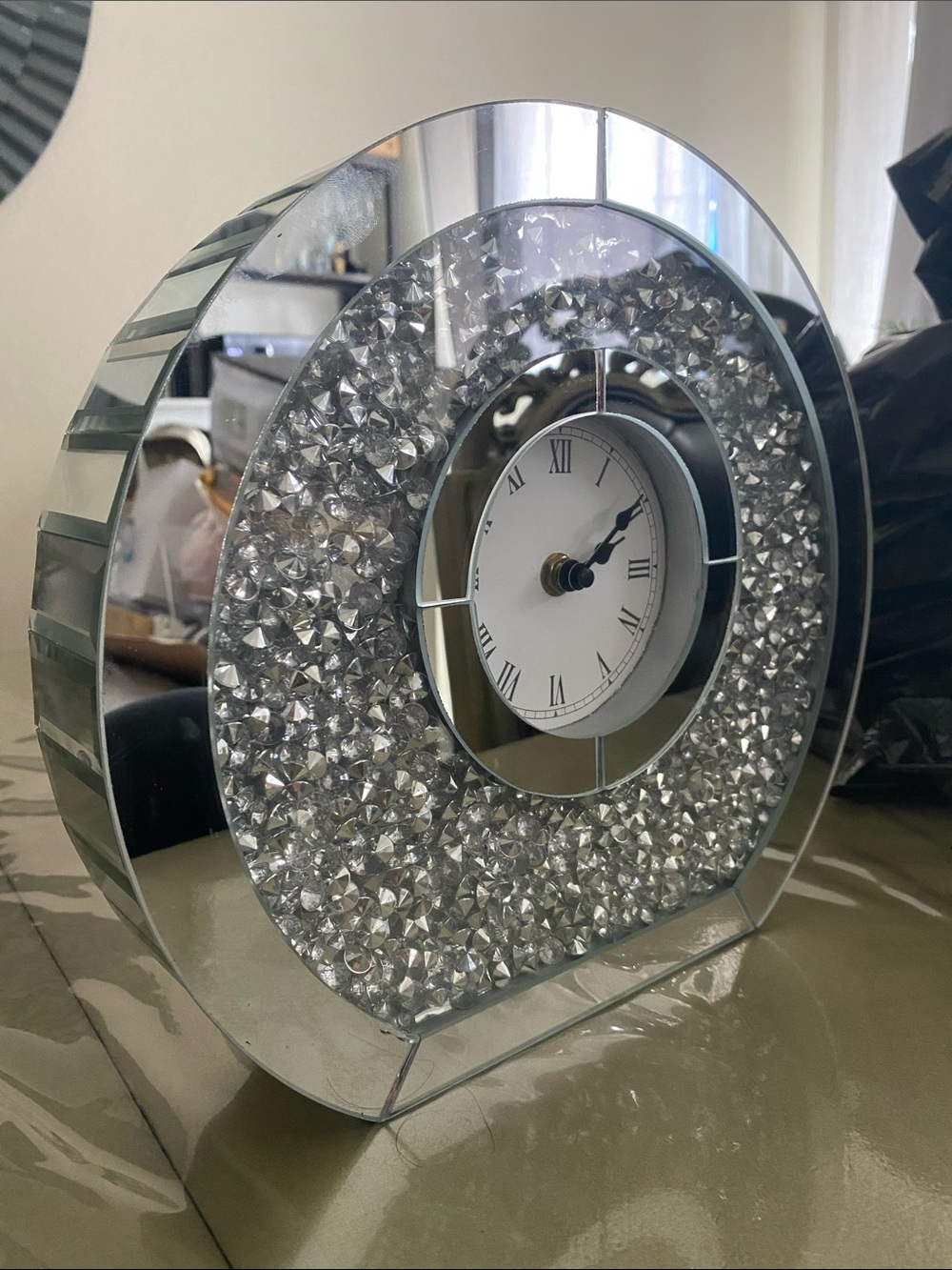 Crystal Accent Wall Clock - Silver Mirrored Home Decor